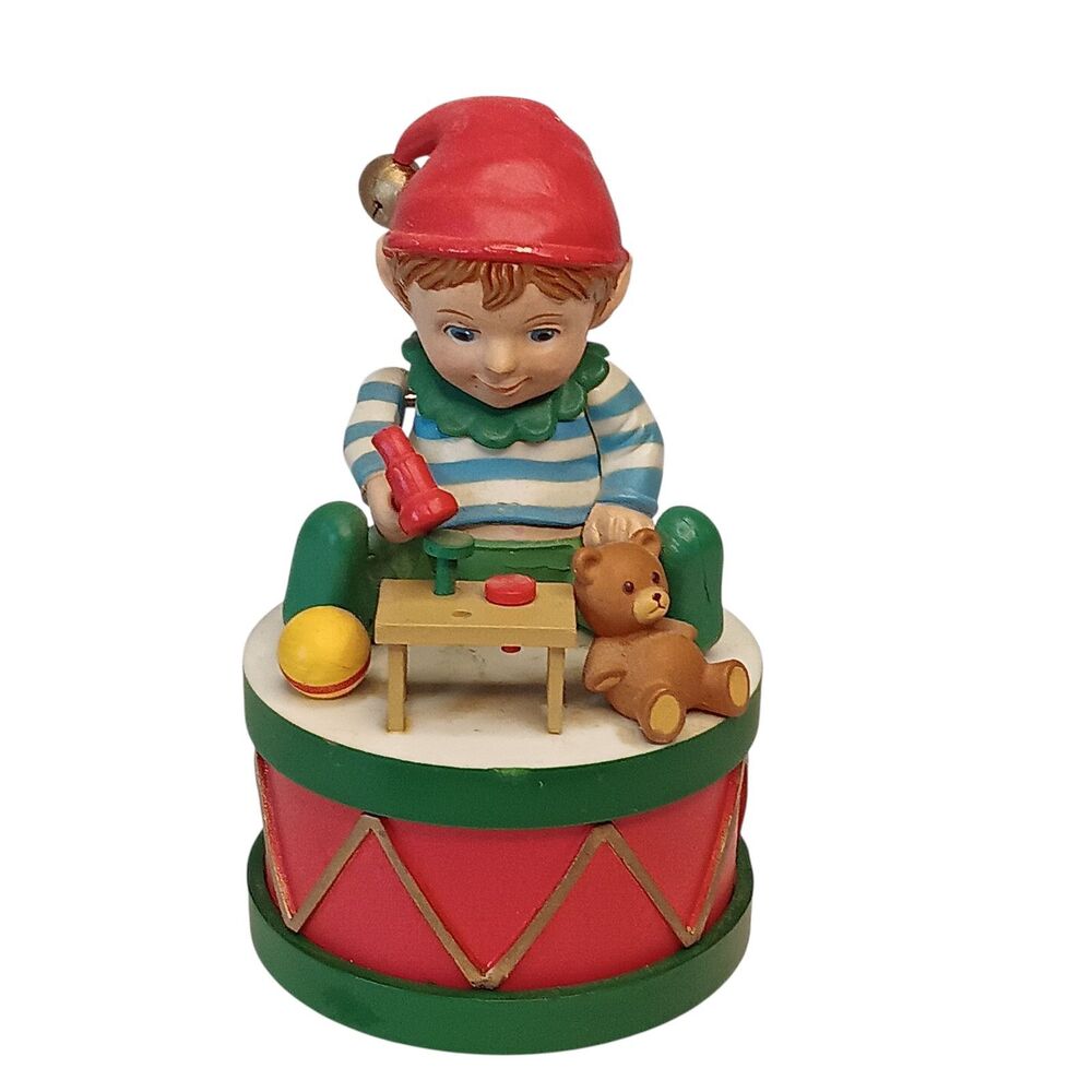 VTG Elf & Toy Workbench Hammers Toy Christmas Figurine Music Box Enesco - Works